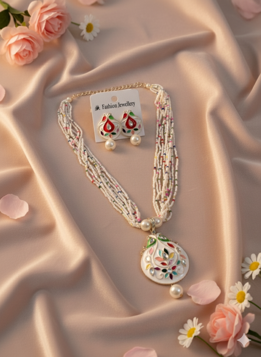 Stunning Neck set I Multilayer White Beaded Pendant Necklace Set with Matching Enamel Earrings for Women