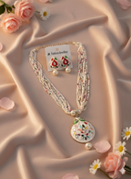 Stunning Neck set I Multilayer White Beaded Pendant Necklace Set with Matching Enamel Earrings for Women