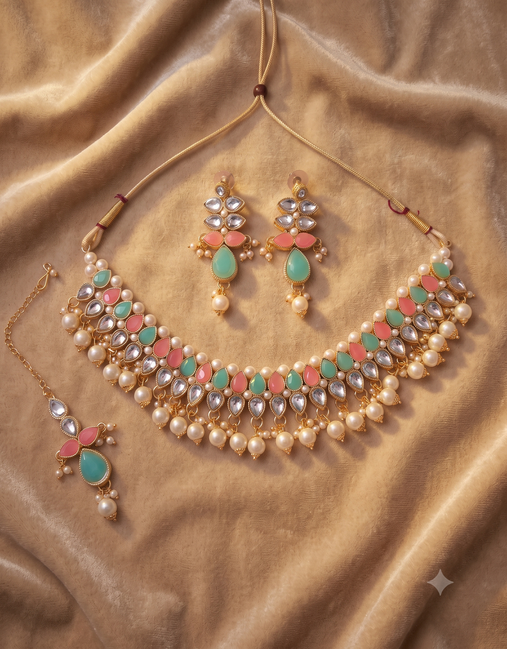 Multicolor Kundan Choker Necklace Set with Pearl Drops, Earrings & Maang Tikka | Traditional Bridal Jewelry for Women