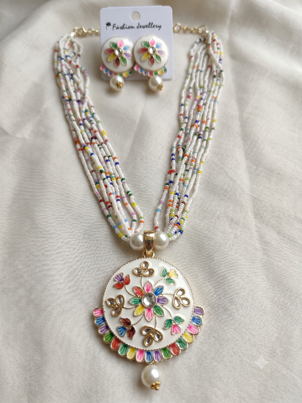 Beautiful Multicolor Floral Beaded Necklace & Earrings Set for Women