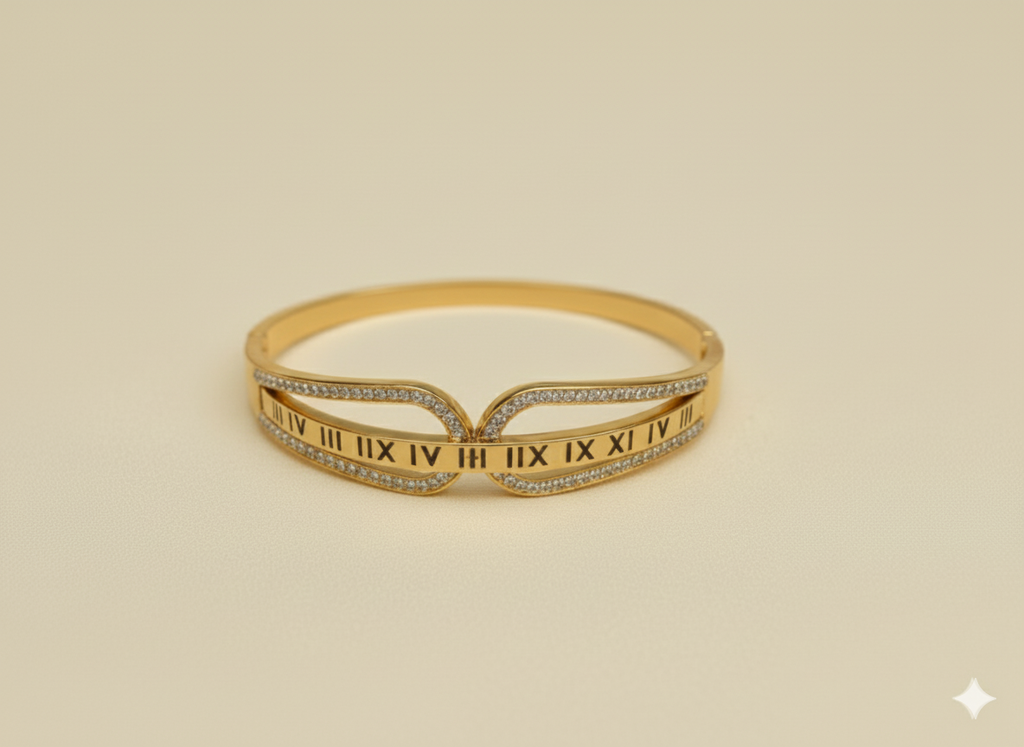 Gold-Tone Roman Numeral Crystal Cuff Bracelet for Women | Elegant Open Bangle I Anti-Tarnish Stylish Bracelet