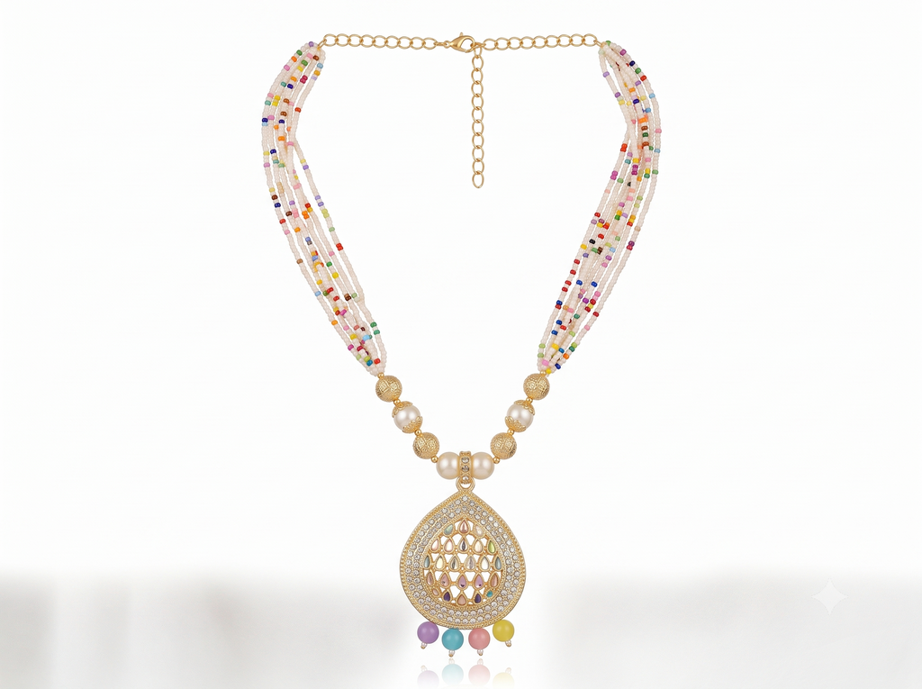 Multicolor Beaded Statement Necklace Set with Matching Earrings – Gold-Tone Pendant Jewelry