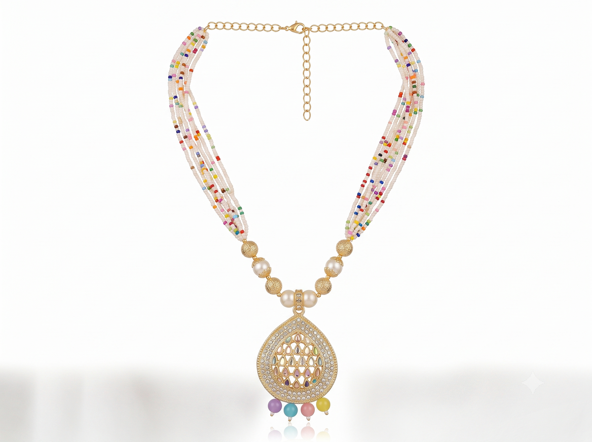 Multicolor Beaded Statement Necklace Set with Matching Earrings – Gold-Tone Pendant Jewelry