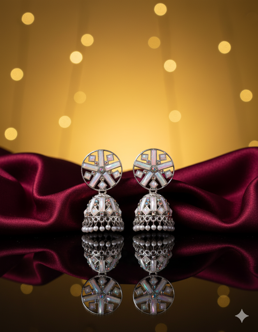 Silver-Tone Mirror Jhumka Earrings with Pearl Drops for Women | Traditional Statement Earrings