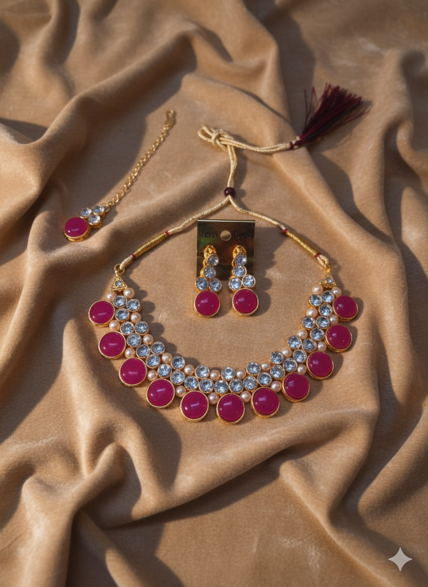 Pink Stone & Crystal Traditional Necklace Set with Earrings