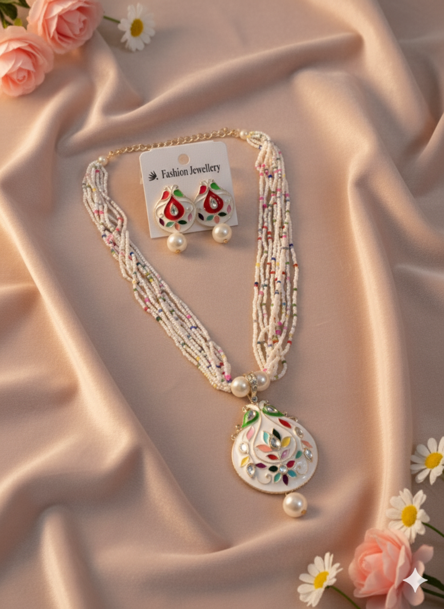 Stunning Neck set I Multilayer White Beaded Pendant Necklace Set with Matching Enamel Earrings for Women