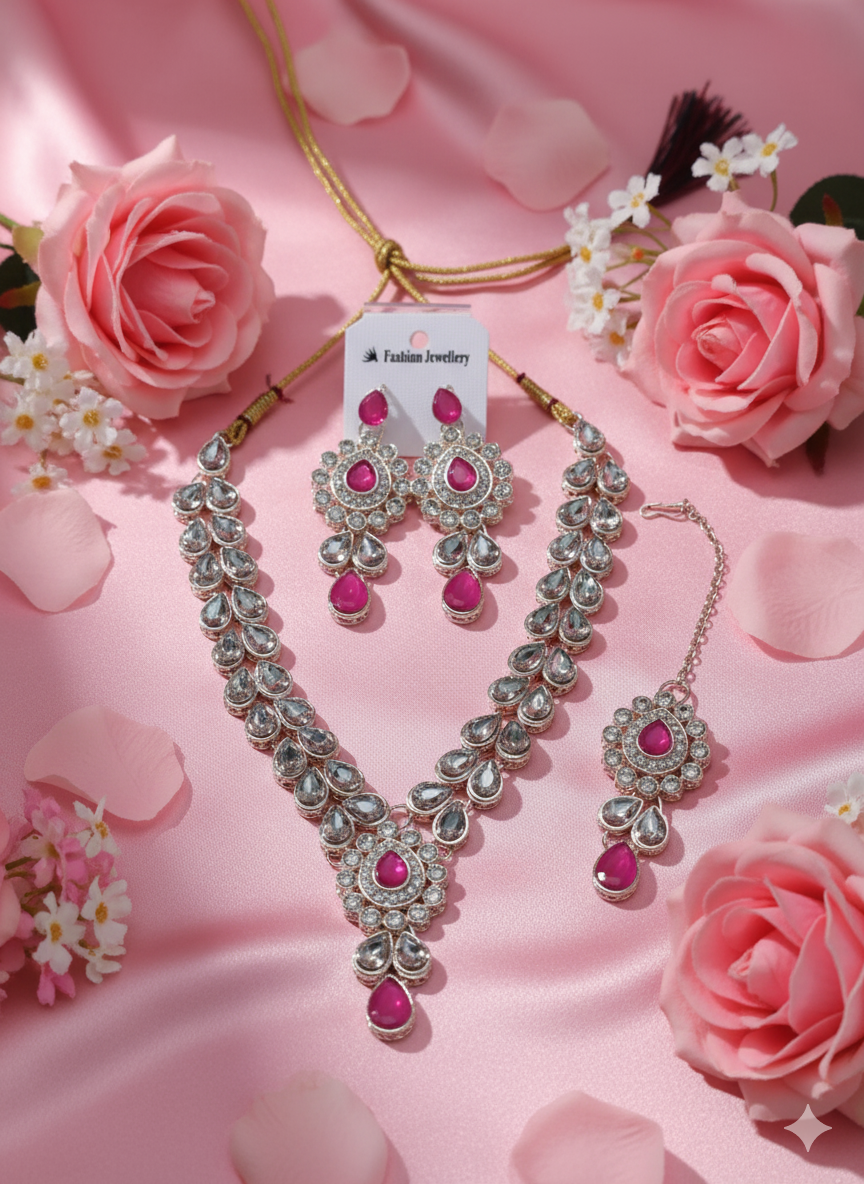 Pink Kundan Necklace Set with Matching Earrings & Maang Tikka