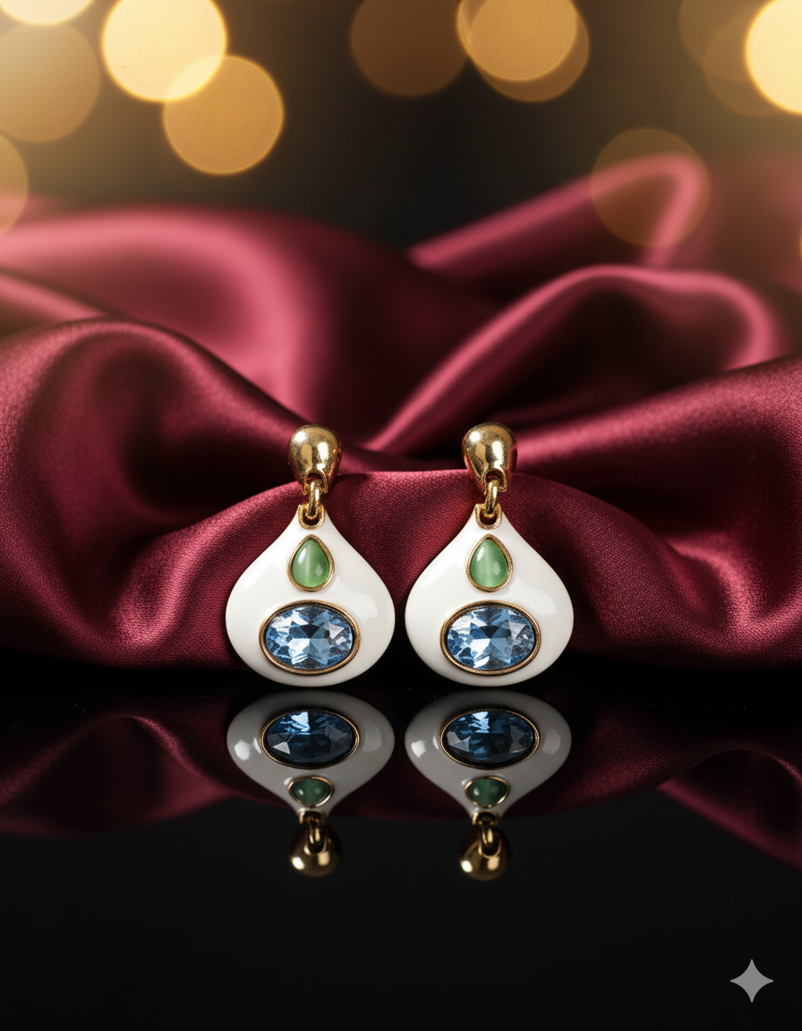 White Enamel Drop Earrings with Blue Crystal for Women | Gold-Tone Elegant Statement Earrings