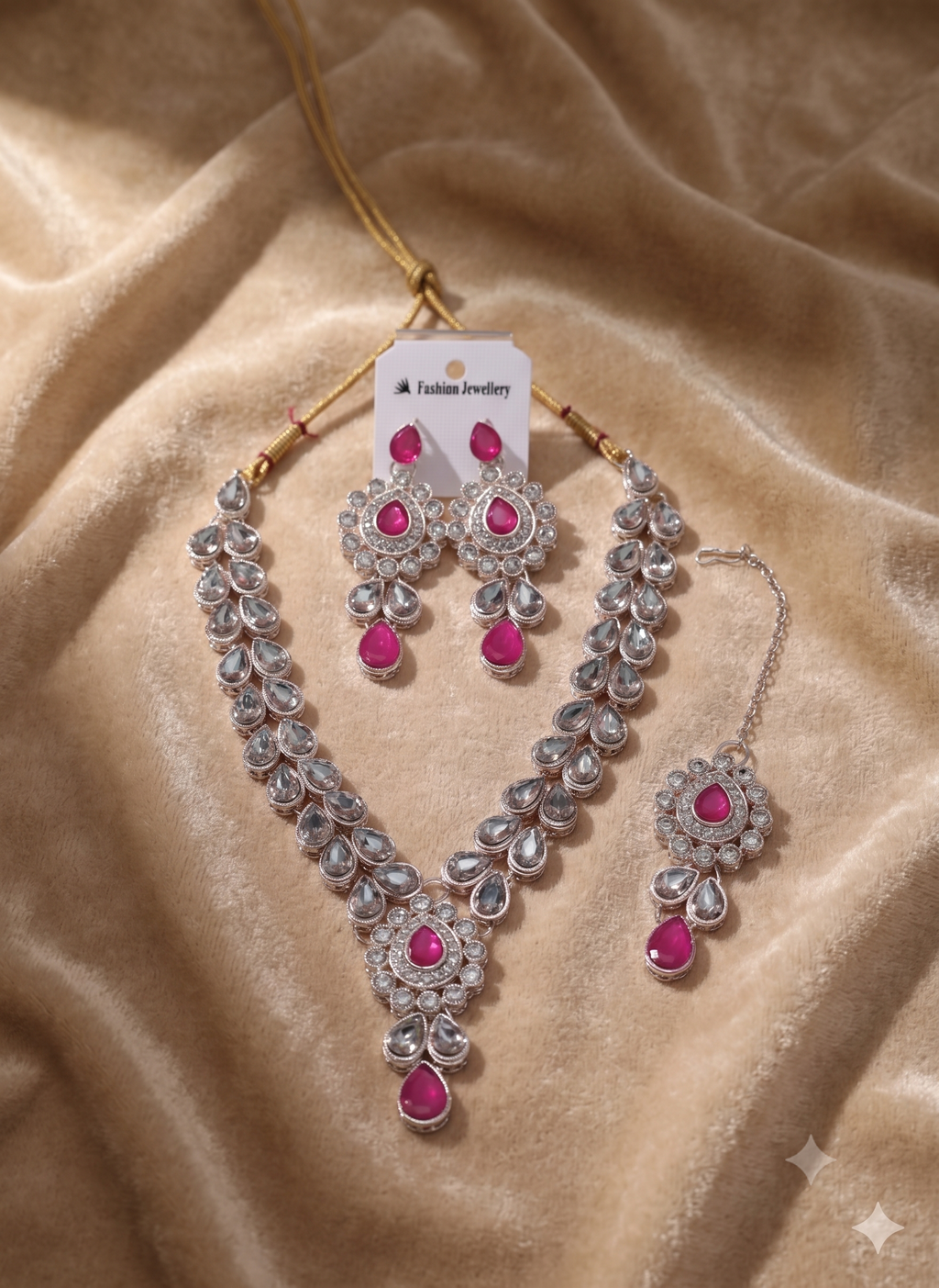 Pink Kundan Necklace Set with Matching Earrings & Maang Tikka
