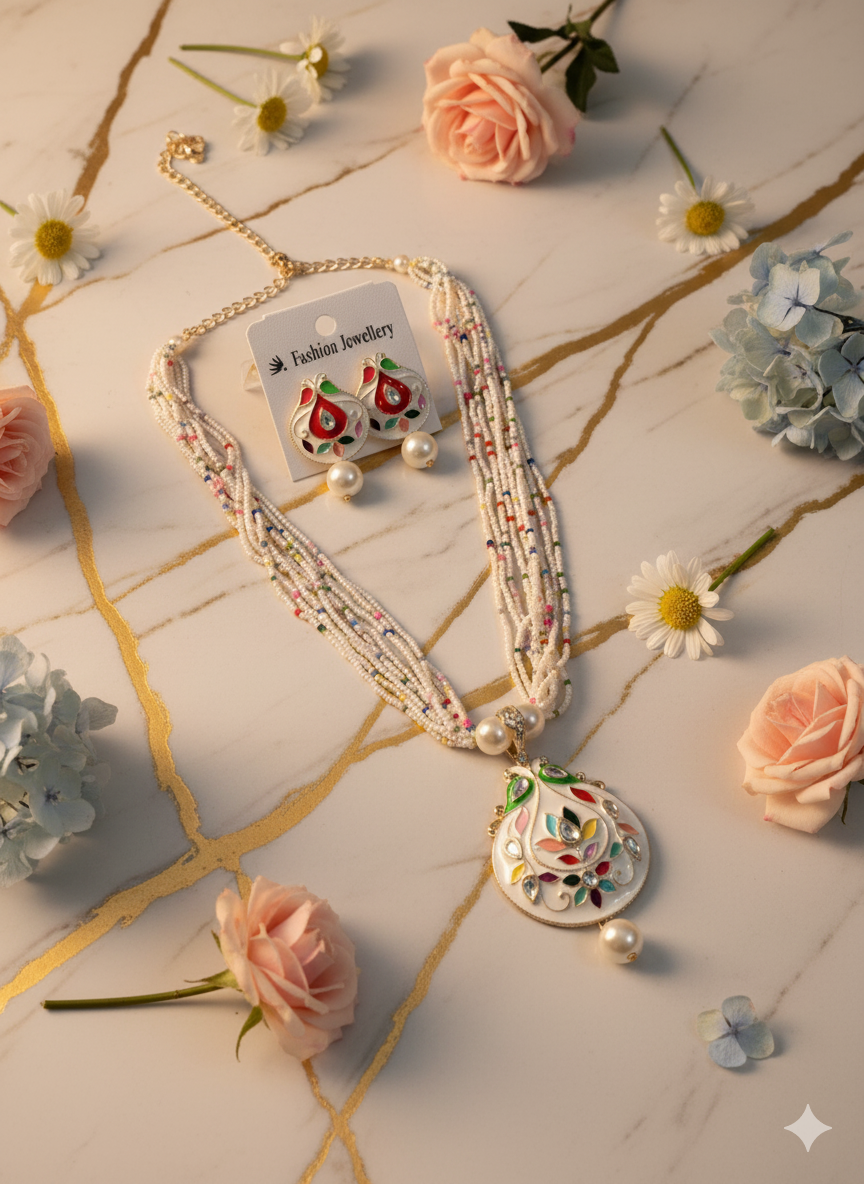 Stunning Neck set I Multilayer White Beaded Pendant Necklace Set with Matching Enamel Earrings for Women