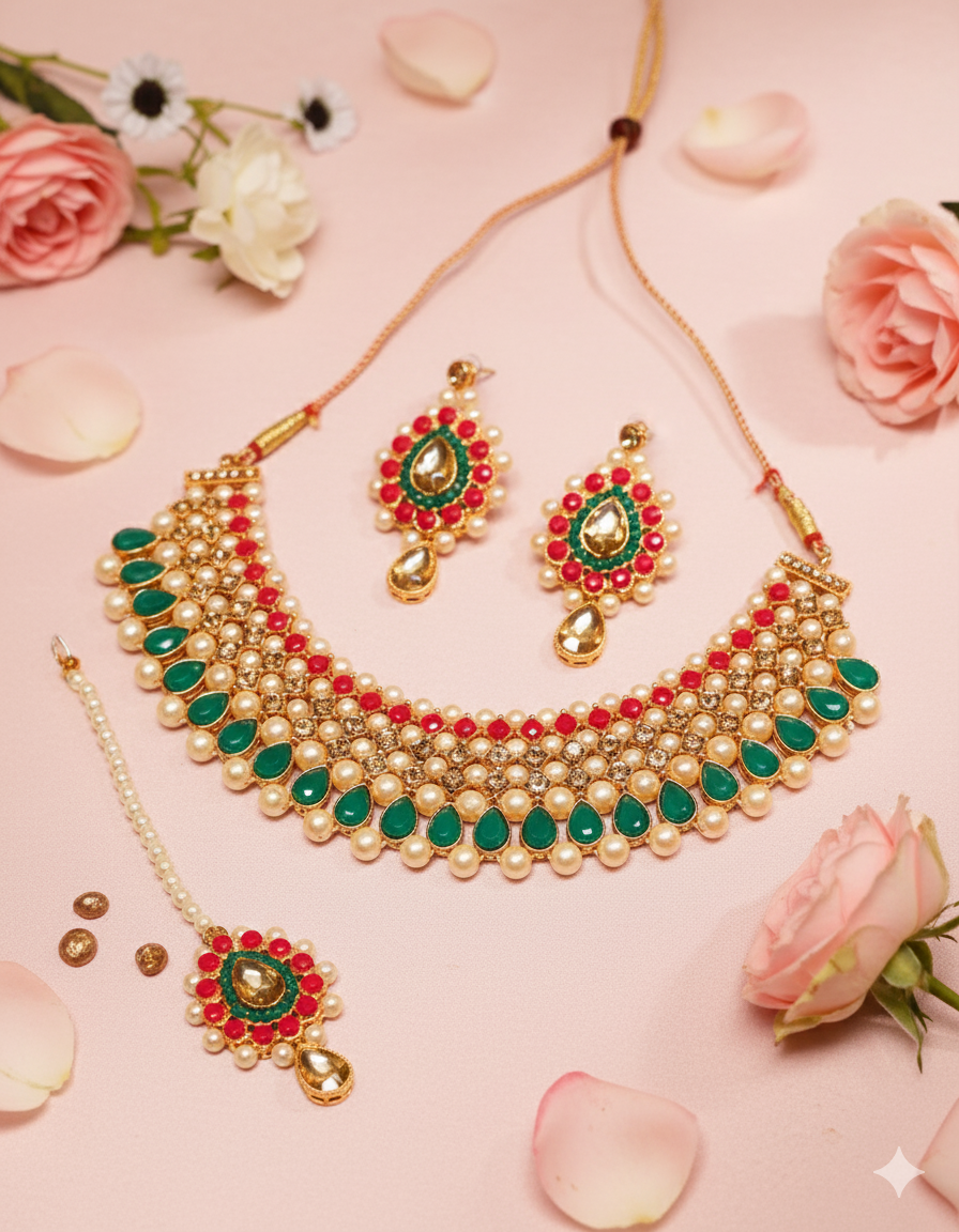 Kundan Pearl Choker Necklace Set with Earrings & Maang Tikka for Women