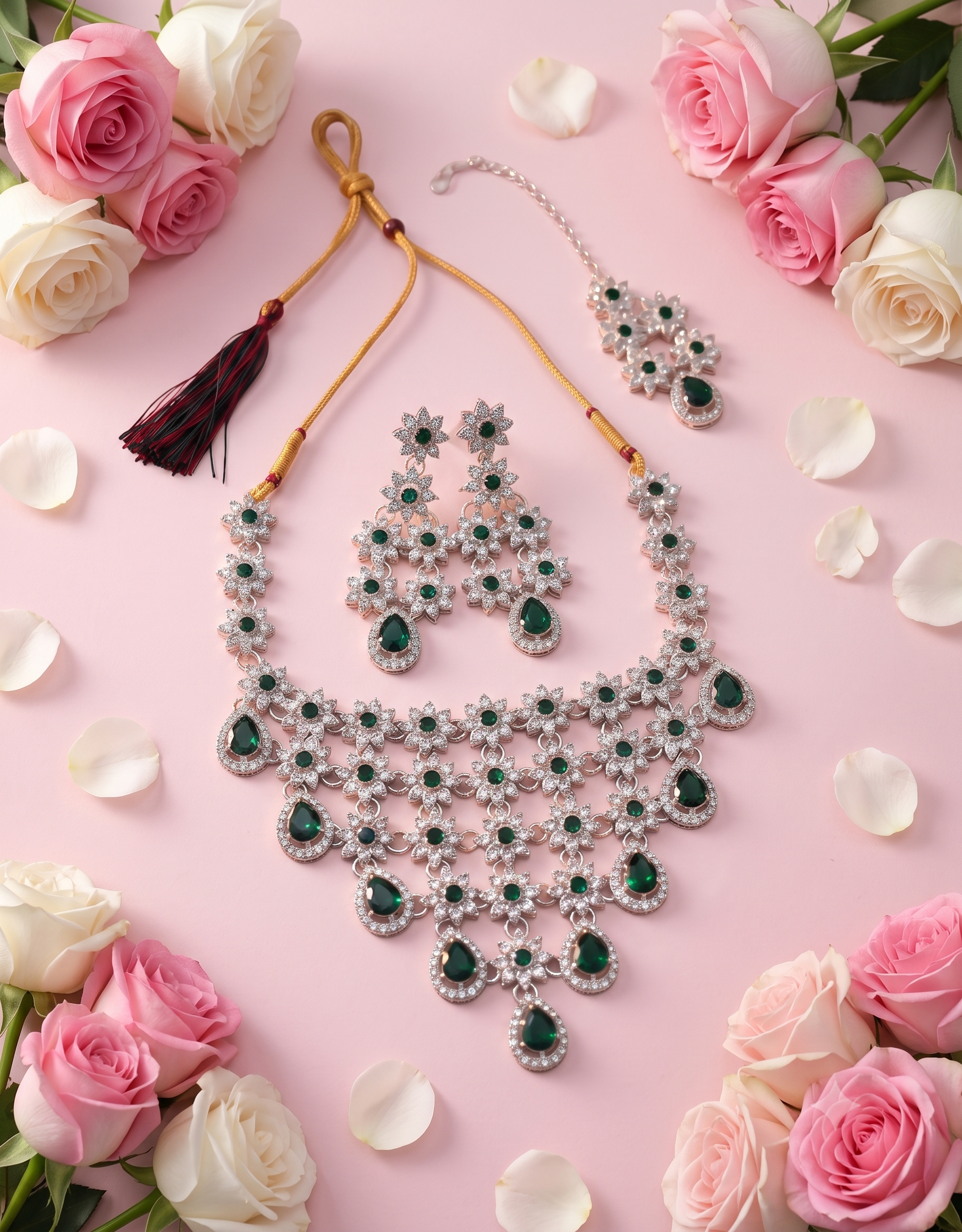 Emerald Green Floral CZ Necklace Set for Women | Silver-Tone Bridal Wedding Jewelry with Matching Earrings