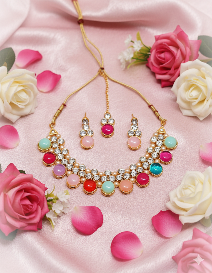 Multicolor Crystal Choker Necklace Set with Matching Earrings | Gold-Tone Adjustable Statement Jewelry for Women