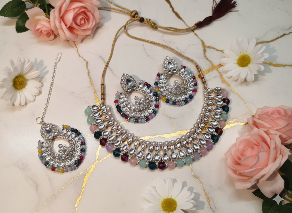 Multicolor Beaded Kundan Necklace Set with Matching Chandbali Earrings & Maang Tikka for Women