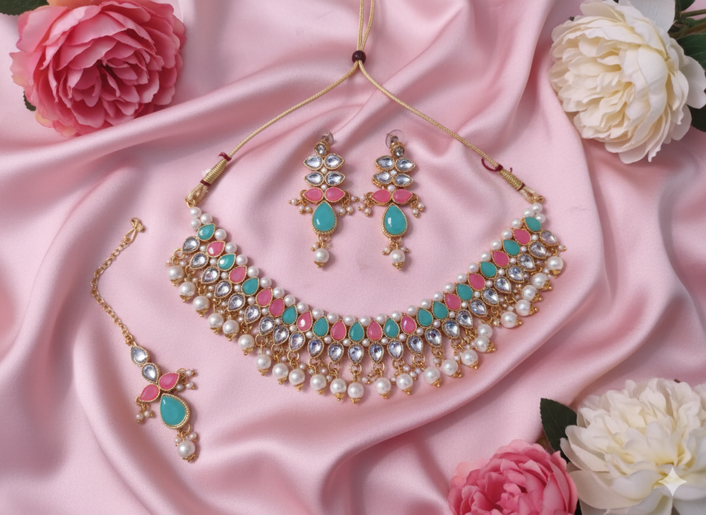 Multicolor Kundan Choker Necklace Set with Pearl Drops, Earrings & Maang Tikka | Traditional Bridal Jewelry for Women