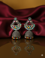 Oxidised Silver Multicolor Jhumka Earrings for Women | Boho Ethnic Statement Earrings with Bead Drops
