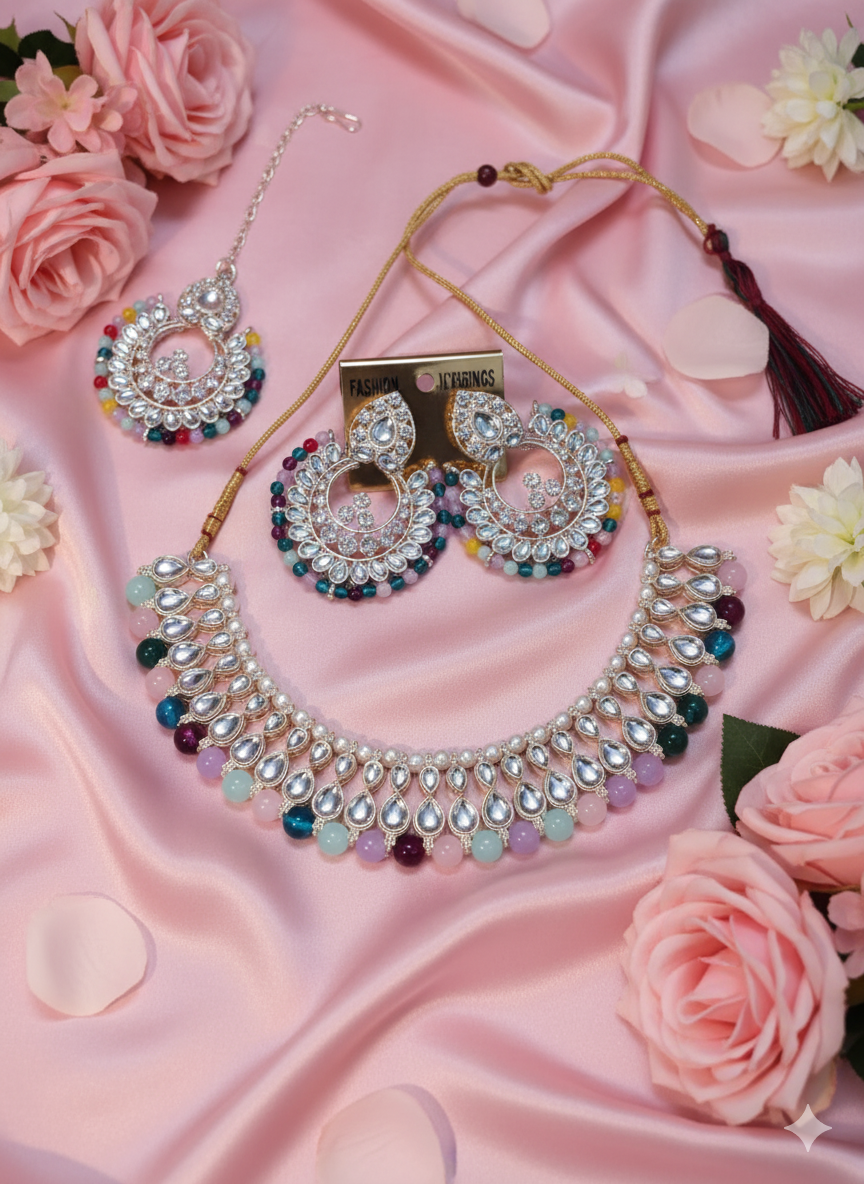 Multicolor Beaded Kundan Necklace Set with Matching Chandbali Earrings & Maang Tikka for Women