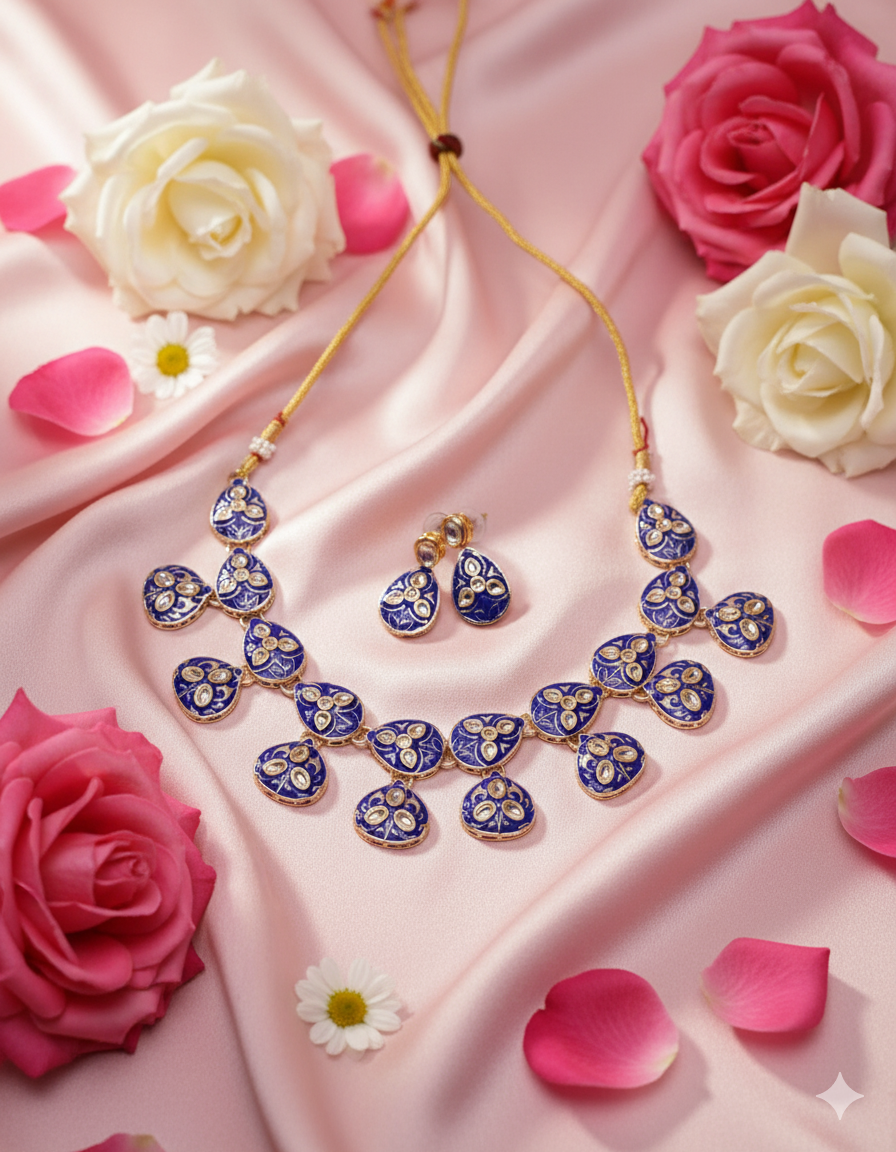 Royal Blue Meenakari Kundan Necklace Set with Matching Earrings | Gold-Tone Adjustable Traditional Jewelry for Women
