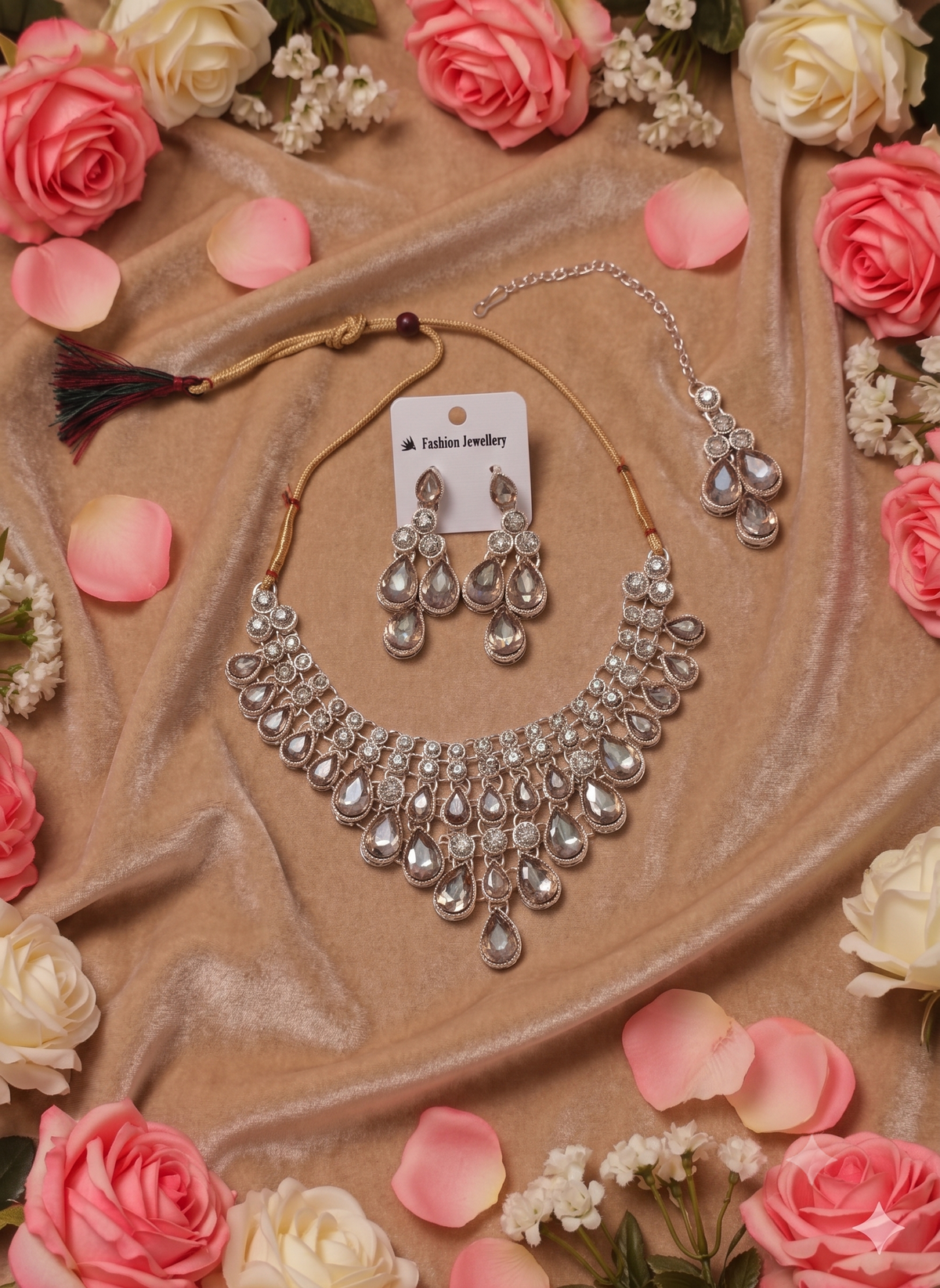 Silver-Tone Kundan Teardrop Necklace Set for Women