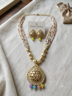 Multicolor Beaded Statement Necklace Set with Matching Earrings – Gold-Tone Pendant Jewelry