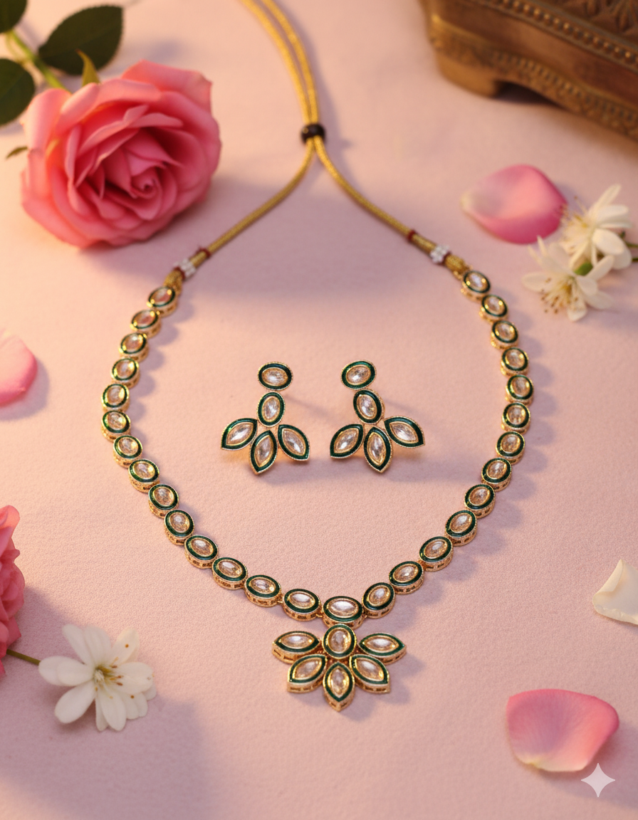 Elegant Green Kundan Floral Necklace Set with Matching Earrings for Women | Adjustable Traditional Jewelry