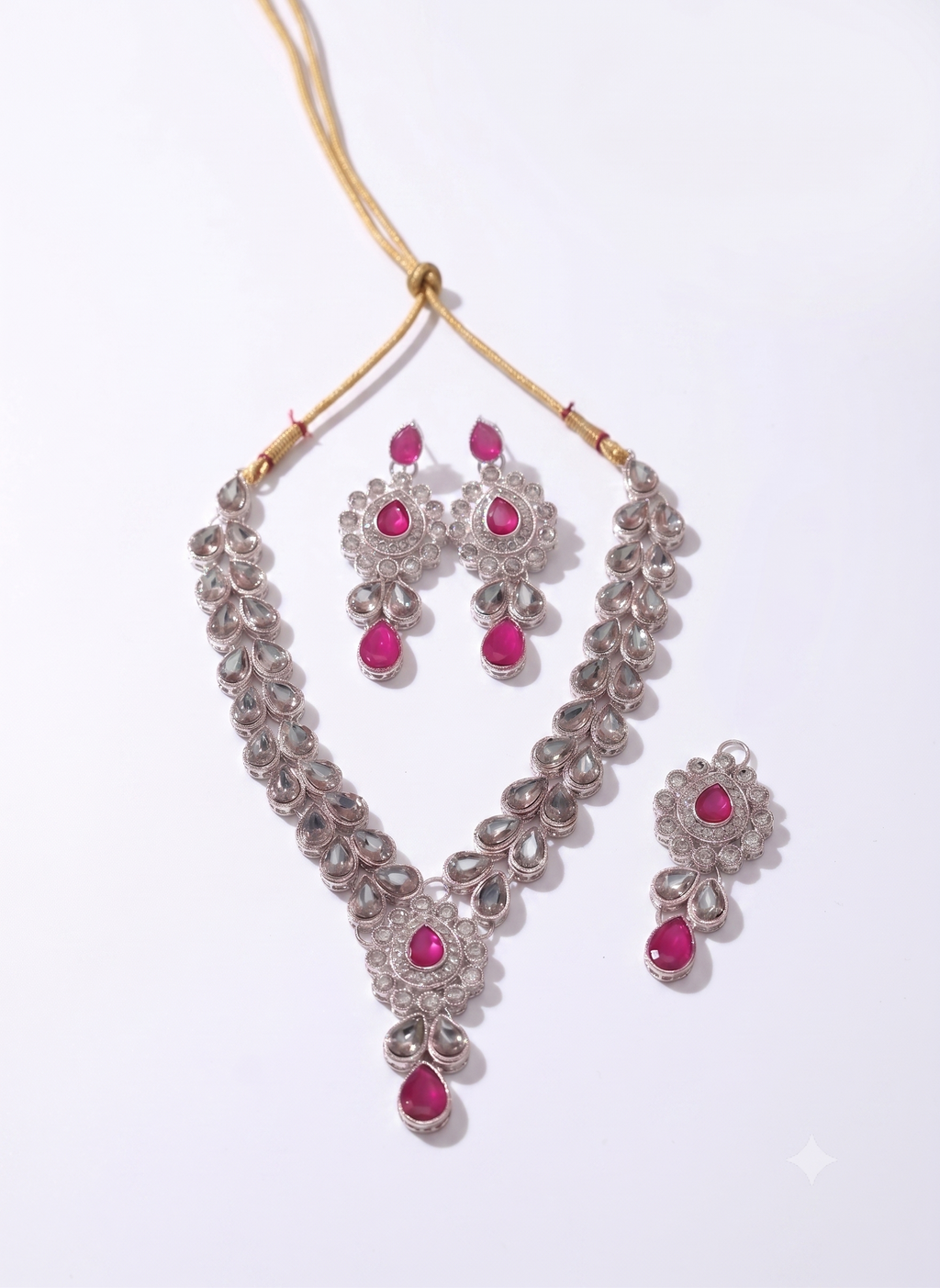 Pink Kundan Necklace Set with Matching Earrings & Maang Tikka