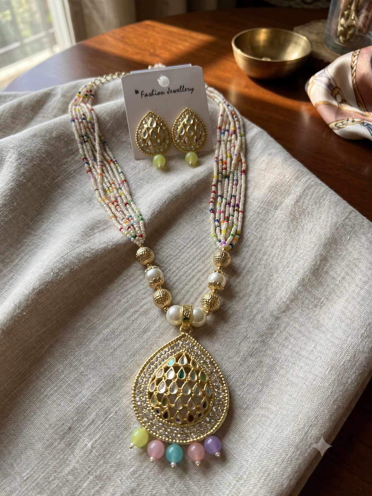 Multicolor Beaded Statement Necklace Set with Matching Earrings – Gold-Tone Pendant Jewelry