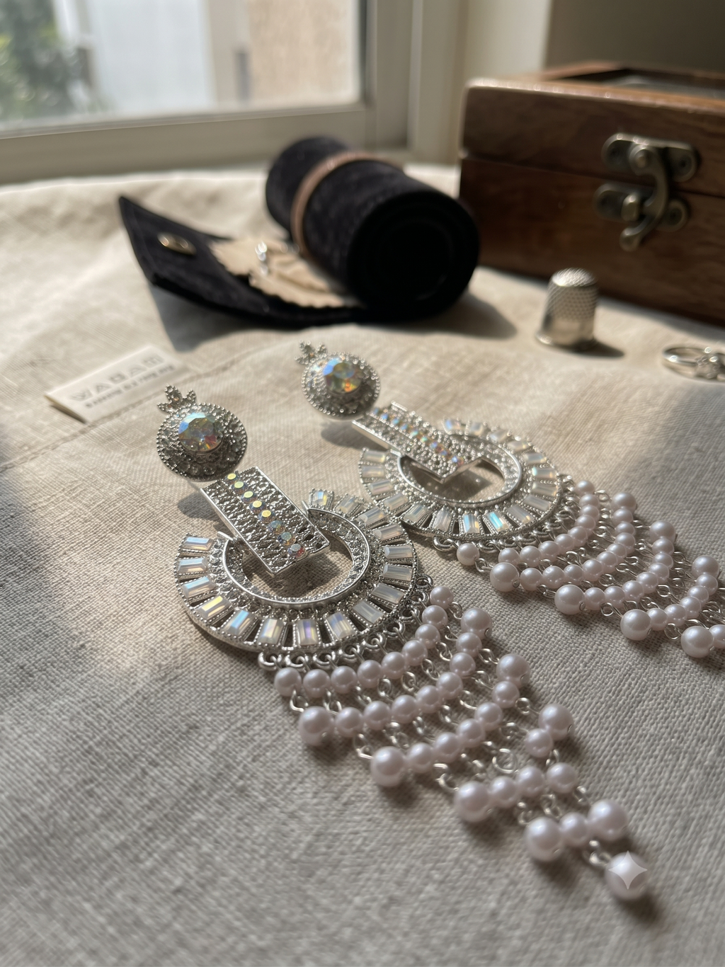 Elegant Silver-Tone Crystal & Pearl Statement Drop Earrings