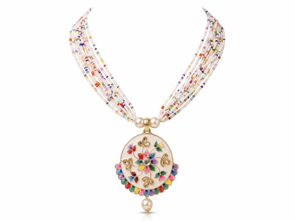 Beautiful Multicolor Floral Beaded Necklace & Earrings Set for Women