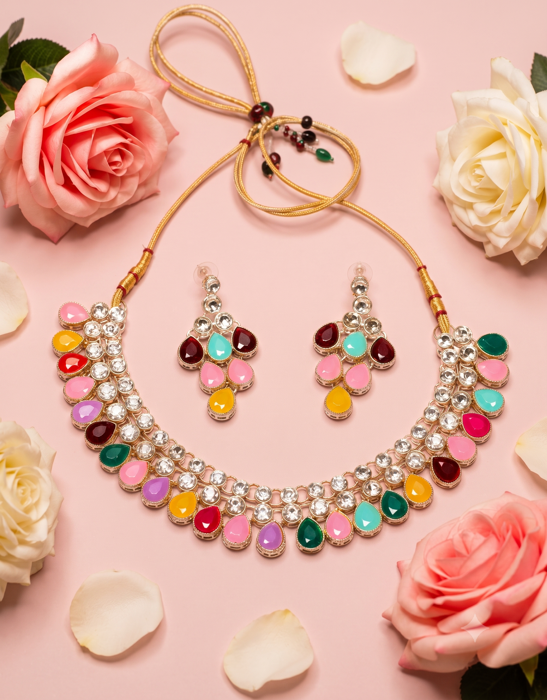 Multicolor Kundan Choker Necklace Set with Earrings for Women