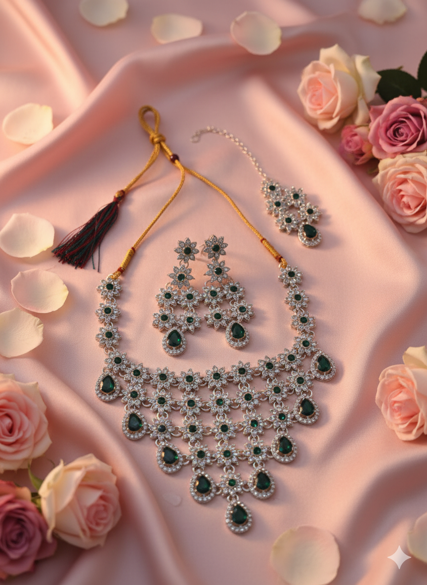 Emerald Green Floral CZ Necklace Set for Women | Silver-Tone Bridal Wedding Jewelry with Matching Earrings