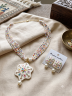 Multicolor Beaded Pearl Necklace Set with Floral Pendant & Matching Earrings