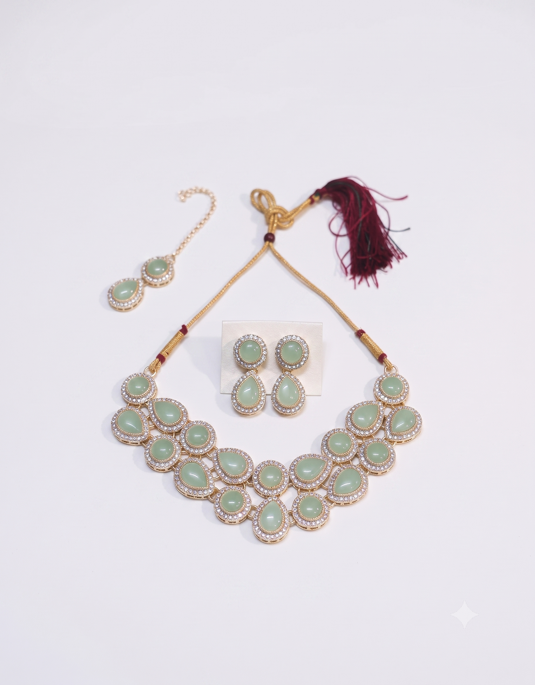 Elegant Mint Green Kundan Necklace Set with Matching Drop Earrings