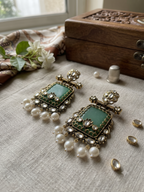 Antique Gold Green Stone & Pearl Statement Earrings for Women