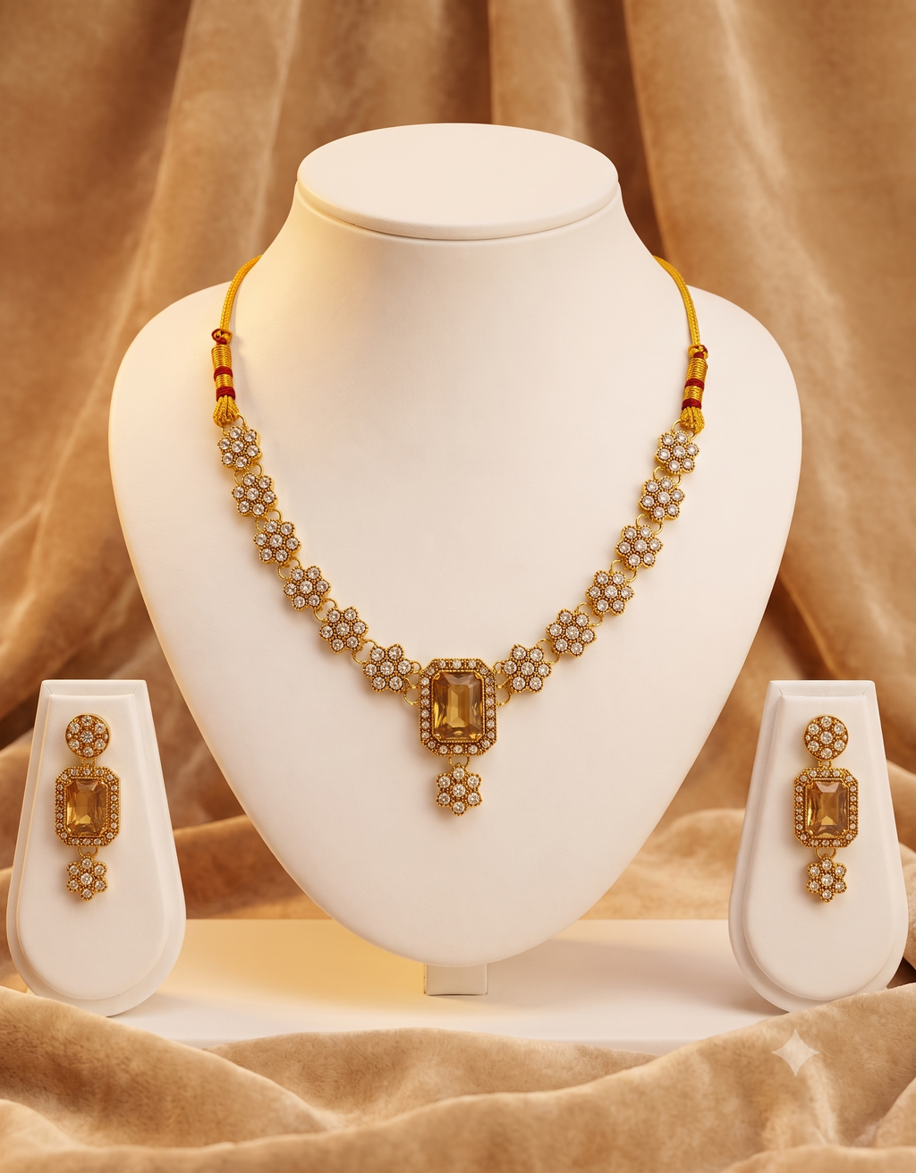 Gold-Plated Amber Topaz & Kundan Collar Necklace Set with Matching Drop Earrings