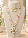 Elegant Multicolour Floral Beaded Necklace Set with Matching Earrings – Pearl Drop Pendant Jewellery
