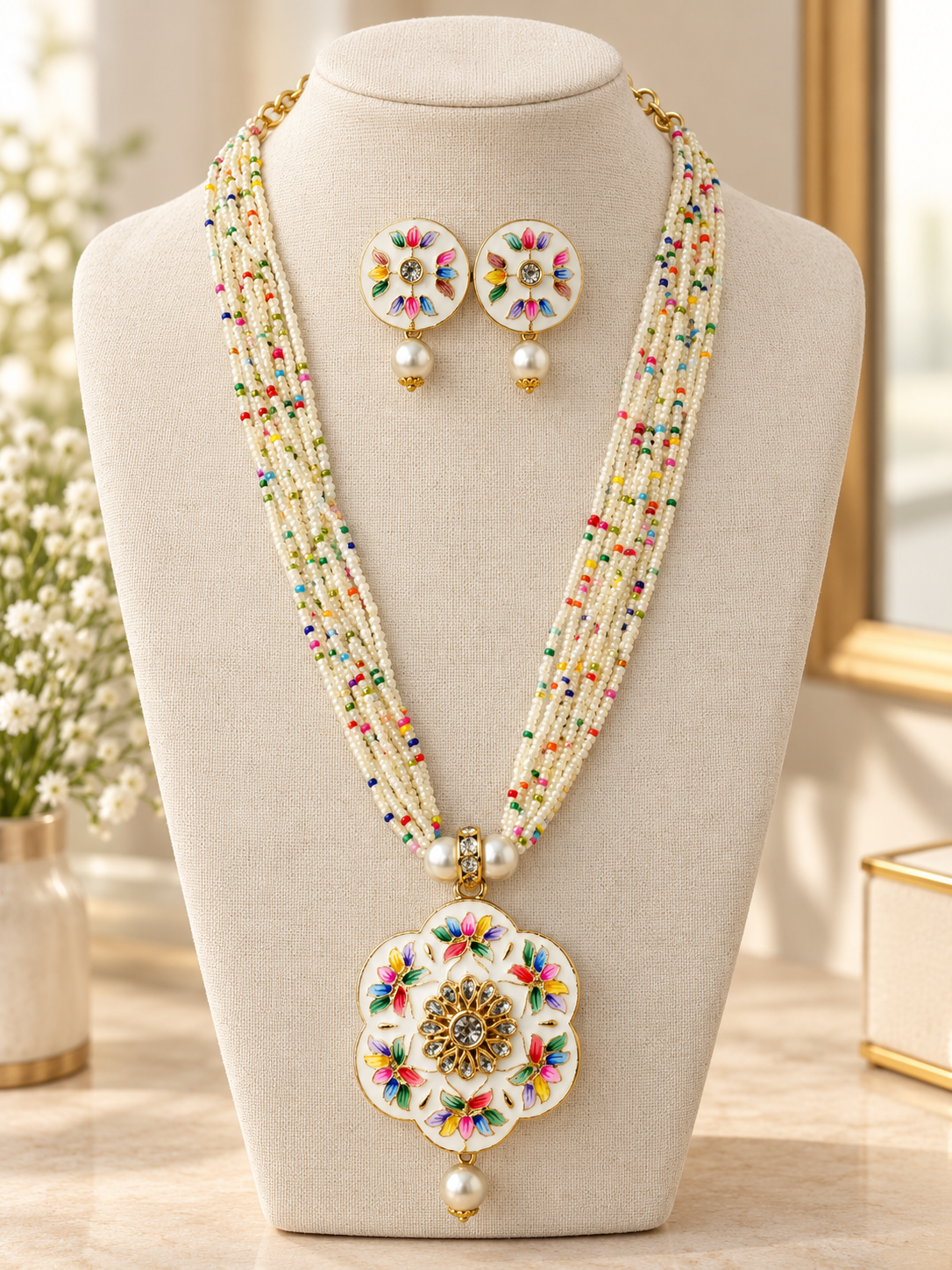 Elegant Multicolour Floral Beaded Necklace Set with Matching Earrings – Pearl Drop Pendant Jewellery