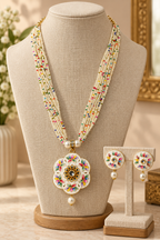 Elegant Multicolour Floral Beaded Necklace Set with Matching Earrings – Pearl Drop Pendant Jewellery