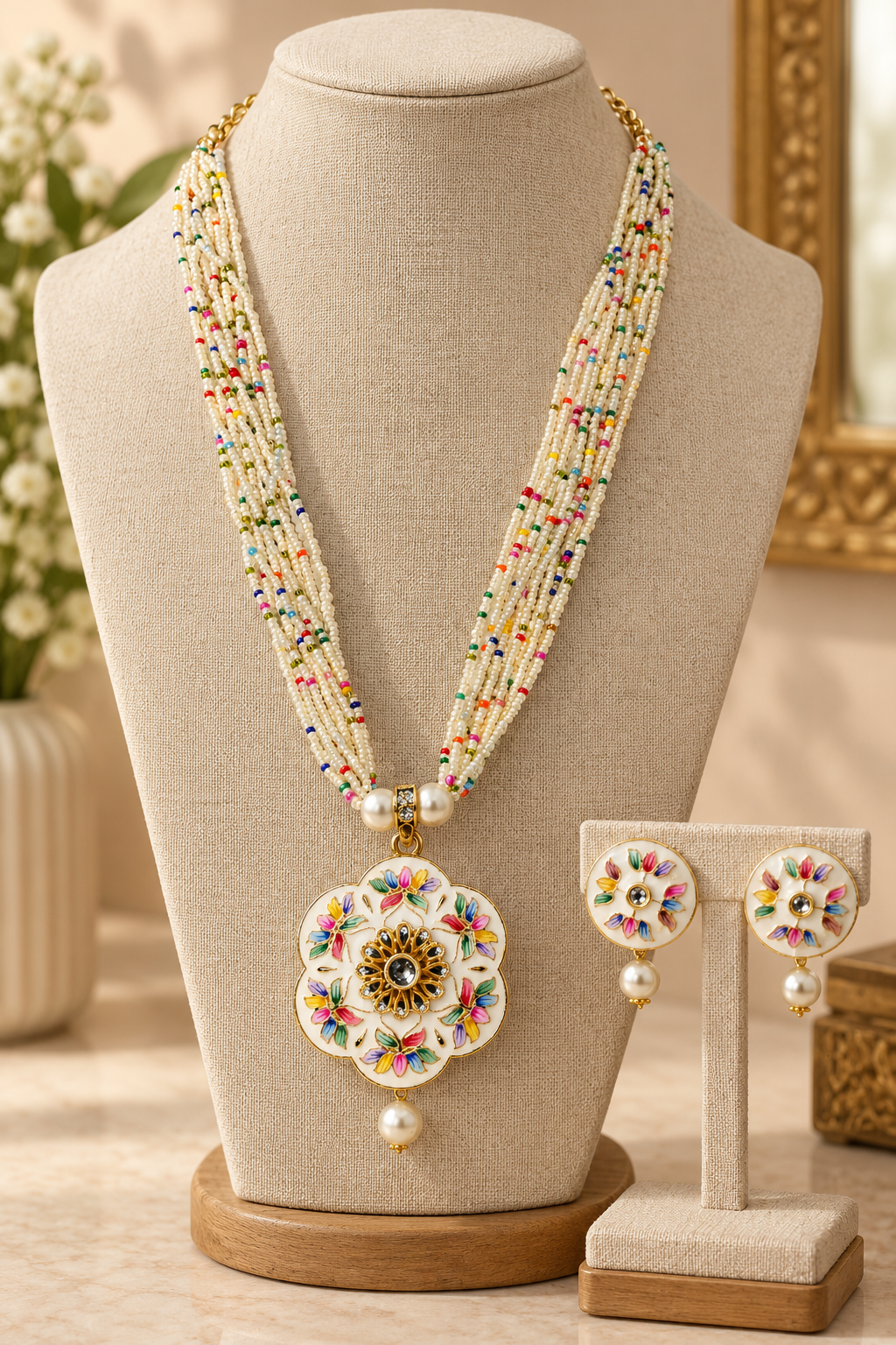Elegant Multicolour Floral Beaded Necklace Set with Matching Earrings – Pearl Drop Pendant Jewellery