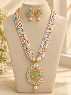 Multicolour Beaded Necklace Set with Traditional Pendant & Matching Earrings