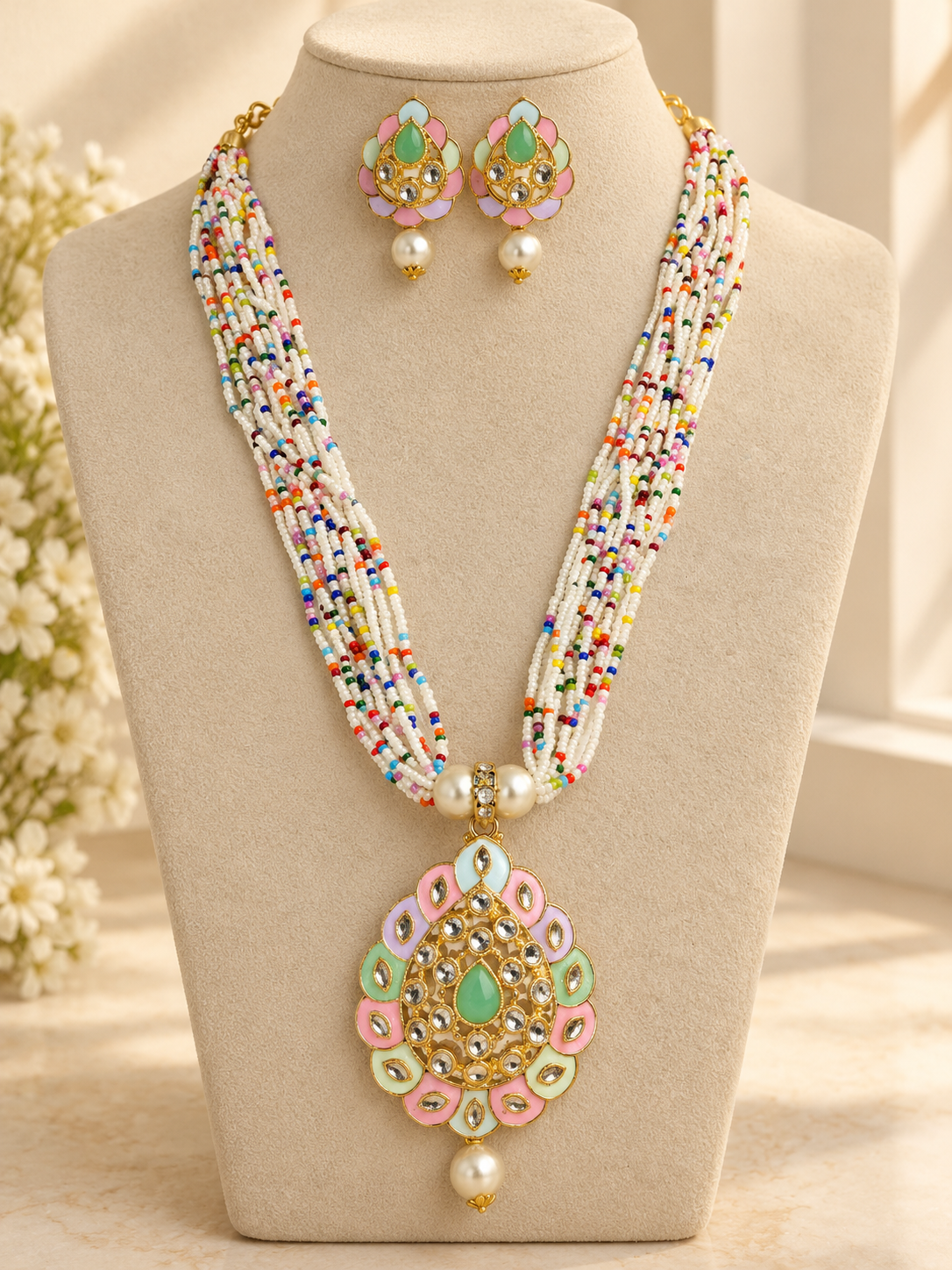 Multicolour Beaded Necklace Set with Traditional Pendant & Matching Earrings