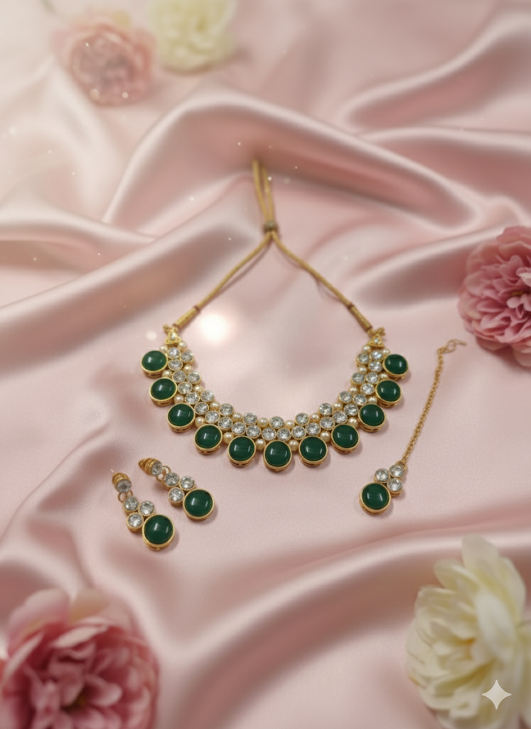 Green Stone &amp; Crystal Traditional Necklace Set with Matching Earrings and Maang Tikka for Women