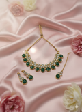 Green Stone &amp; Crystal Traditional Necklace Set with Matching Earrings and Maang Tikka for Women