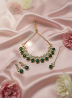 Green Stone &amp; Crystal Traditional Necklace Set with Matching Earrings and Maang Tikka for Women