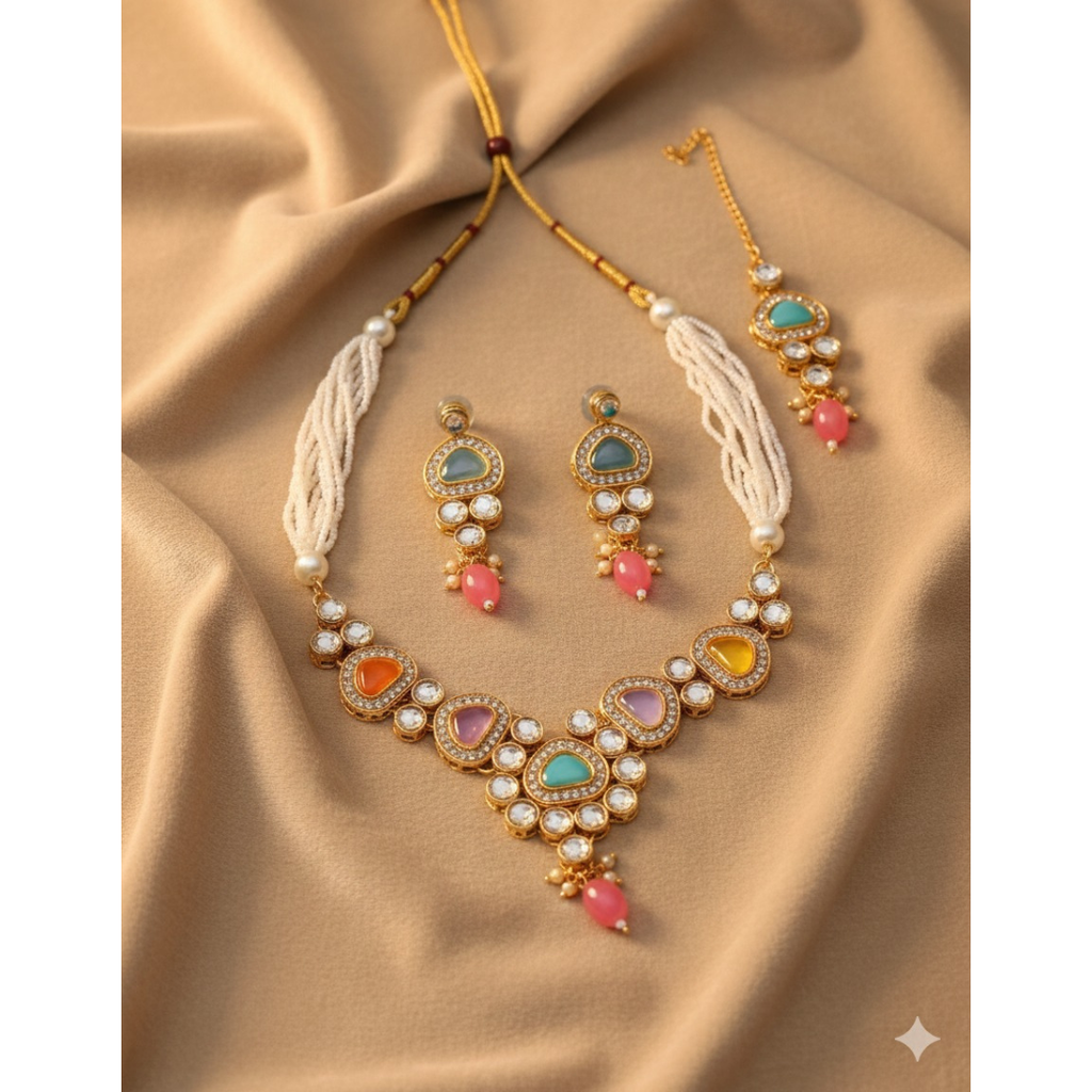 Multicolor Beaded Kundan Necklace Set with Earrings for Women