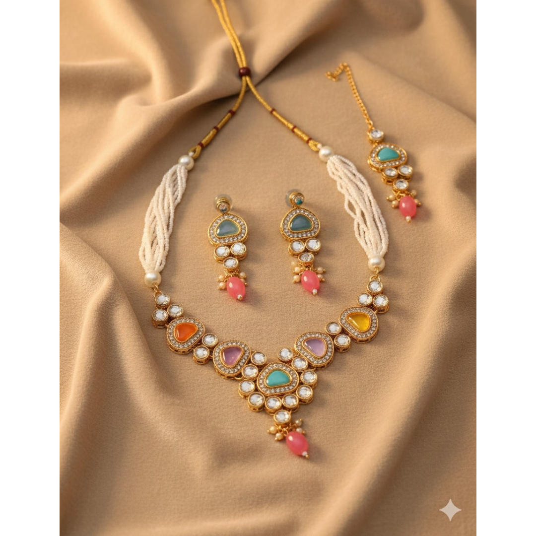 Multicolor Beaded Kundan Necklace Set with Earrings for Women
