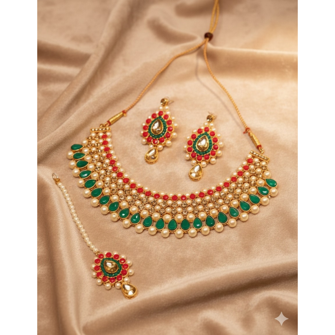 Kundan Pearl Choker Necklace Set with Earrings & Maang Tikka for Women