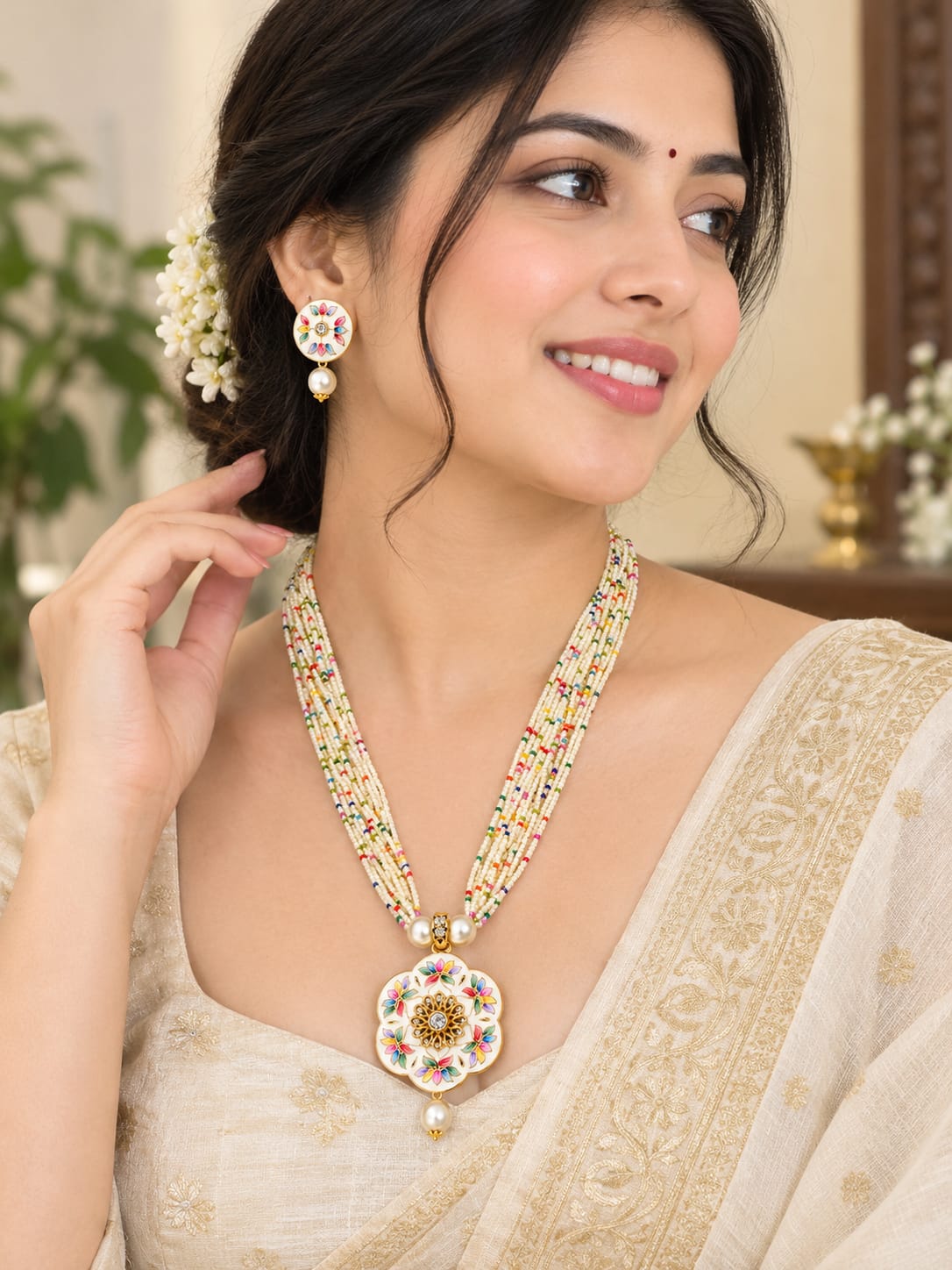 Elegant Multicolour Floral Beaded Necklace Set with Matching Earrings – Pearl Drop Pendant Jewellery