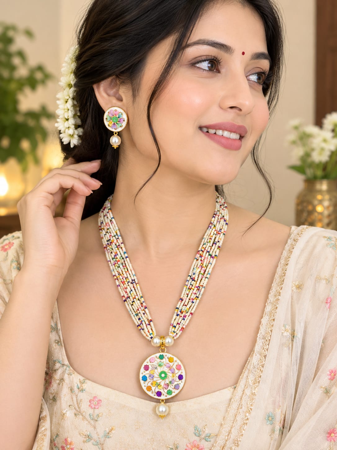 Multicolor Floral Pearl Necklace Set with Matching Earrings