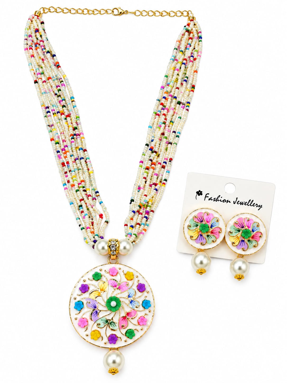 Multicolor Floral Pearl Necklace Set with Matching Earrings